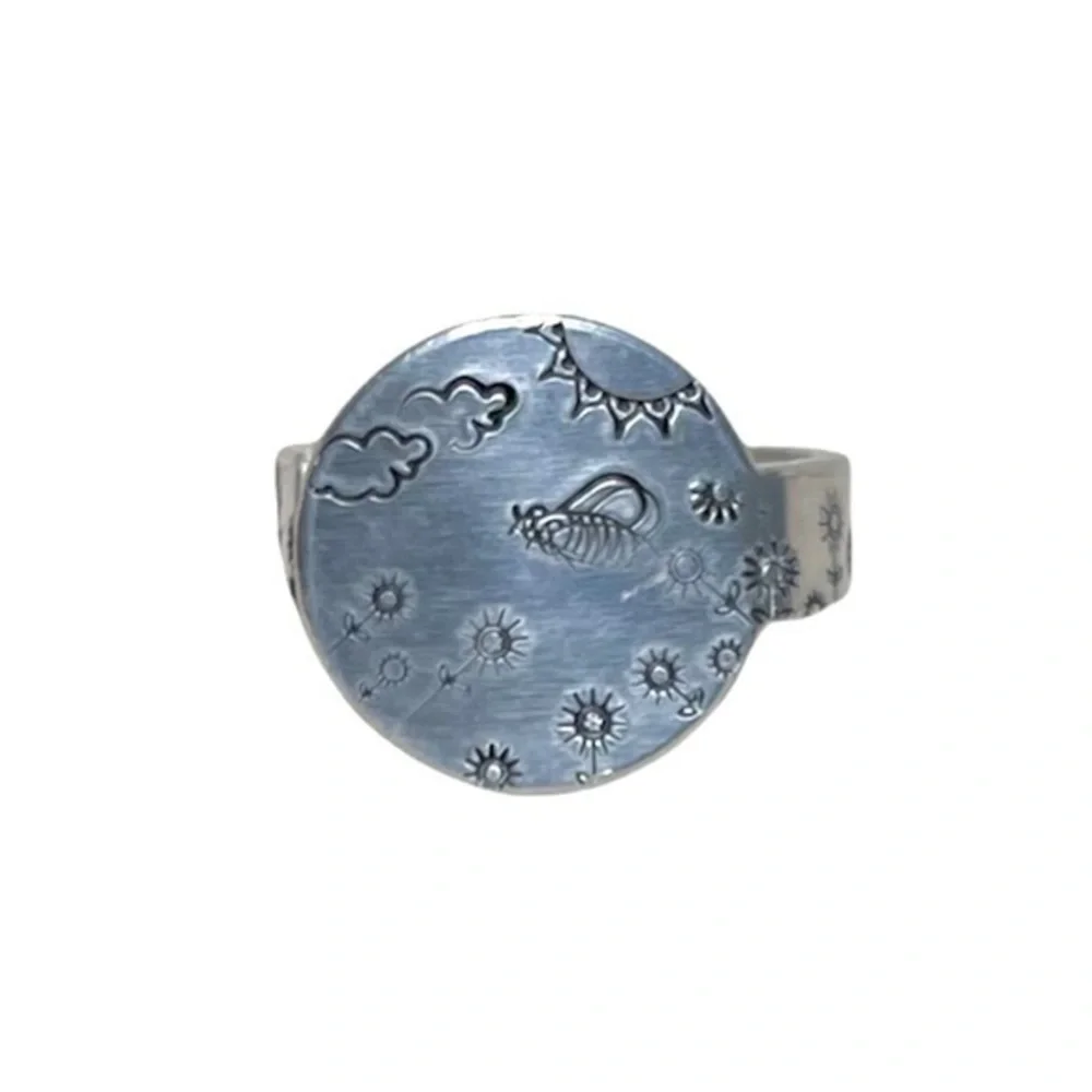 Handmade 9 stamped boho floral silver adjustable hypoallergenic‎ medallion ring